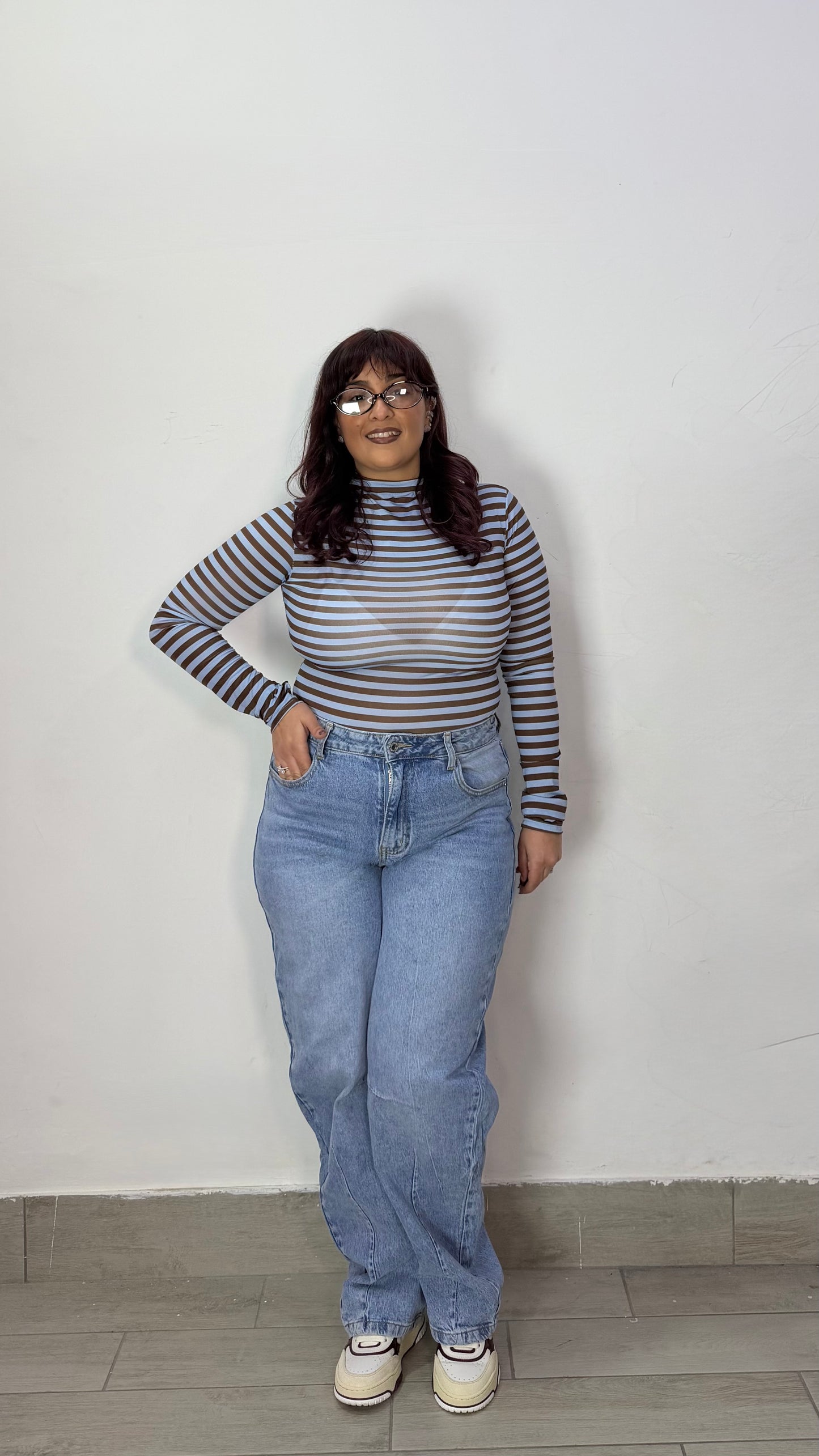 Body Maya a righe Azzurri e Marrone con Guanto BM4