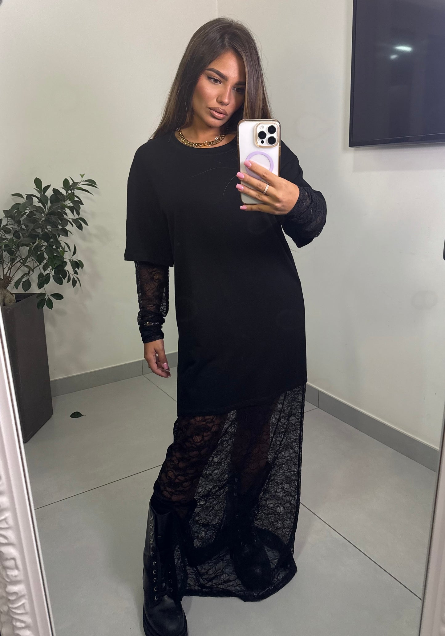 T-shirt taglio lungo in pizzo A10825-1