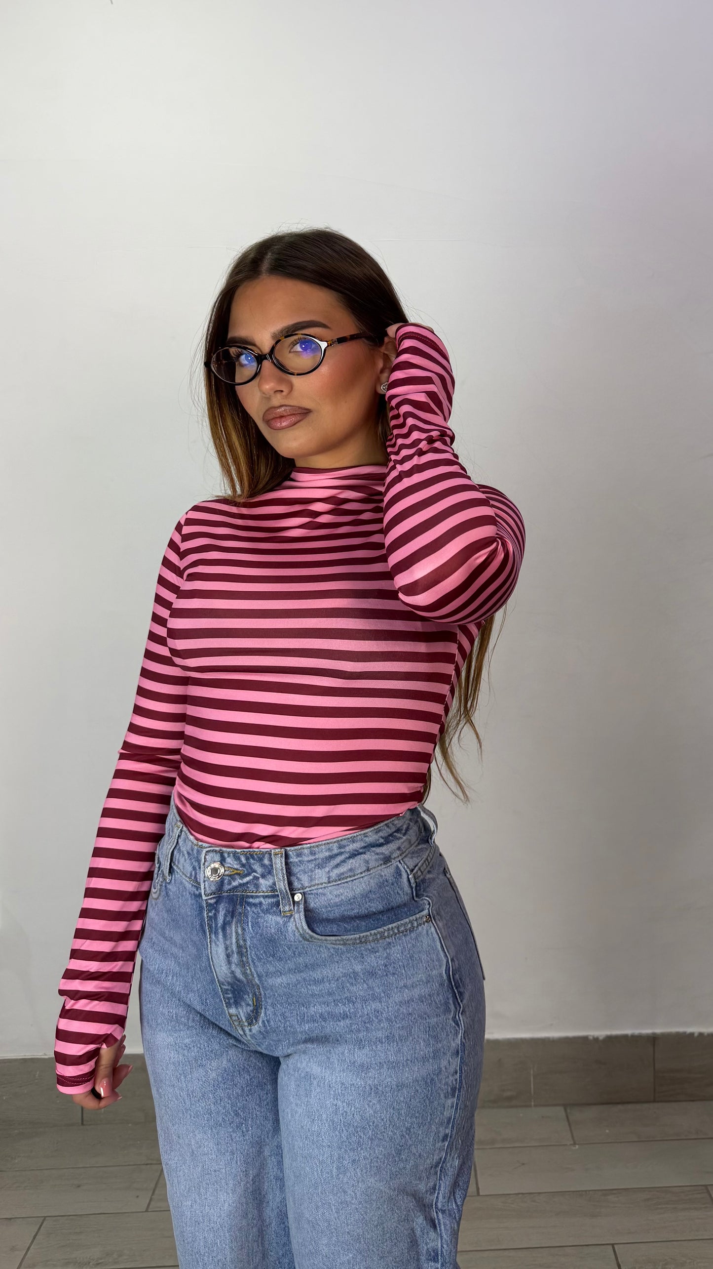 Body Maya a righe Rosa e Bordeaux con guanto BM4