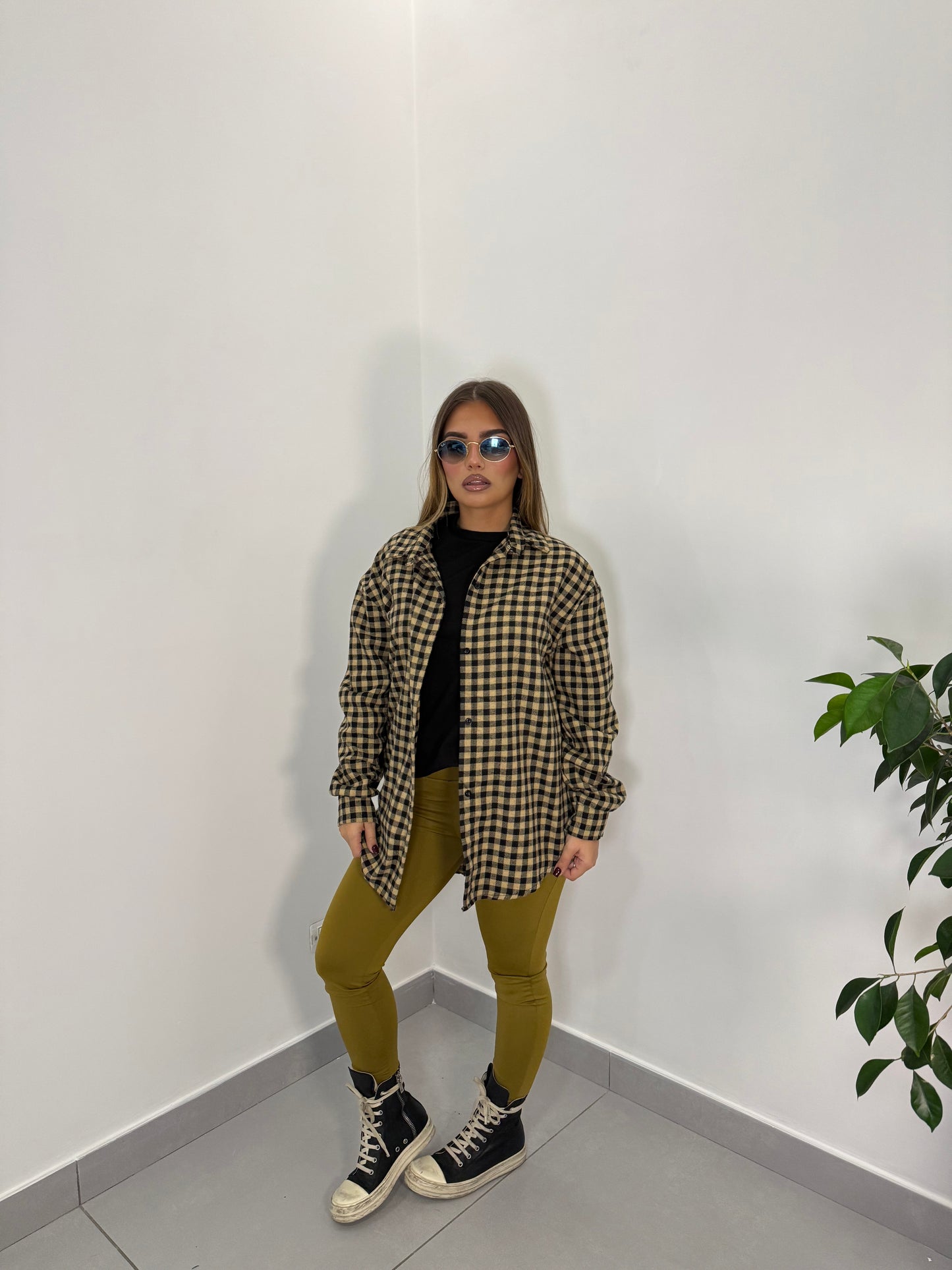 Camicia Nora Senape a Quadri in Cotone CN44