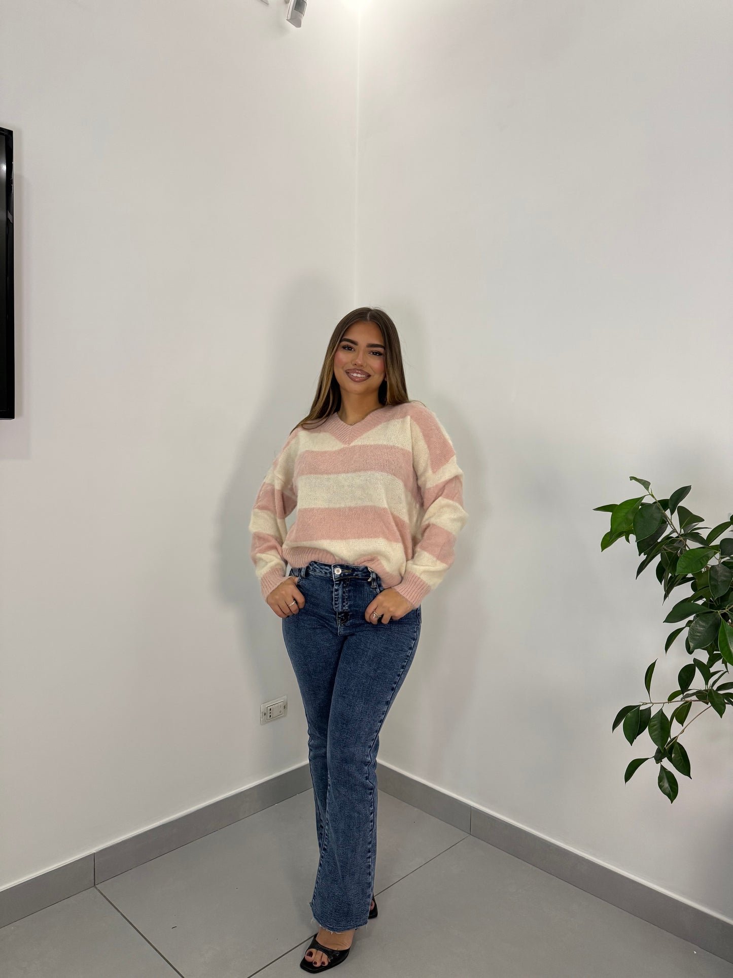 Pull ShineLine Rosa e Bianco Lana 3056