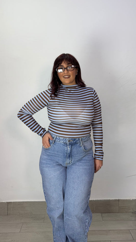 Body Maya a righe Azzurri e Marrone con Guanto BM4