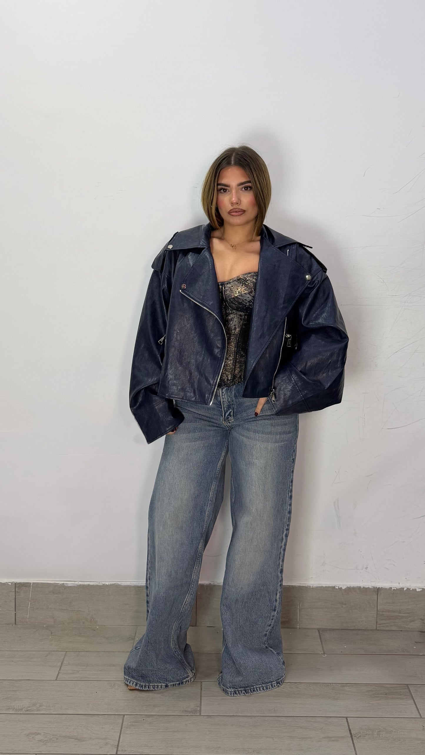 Giacca Chiodo Shock Blue in pelle con zip 6679