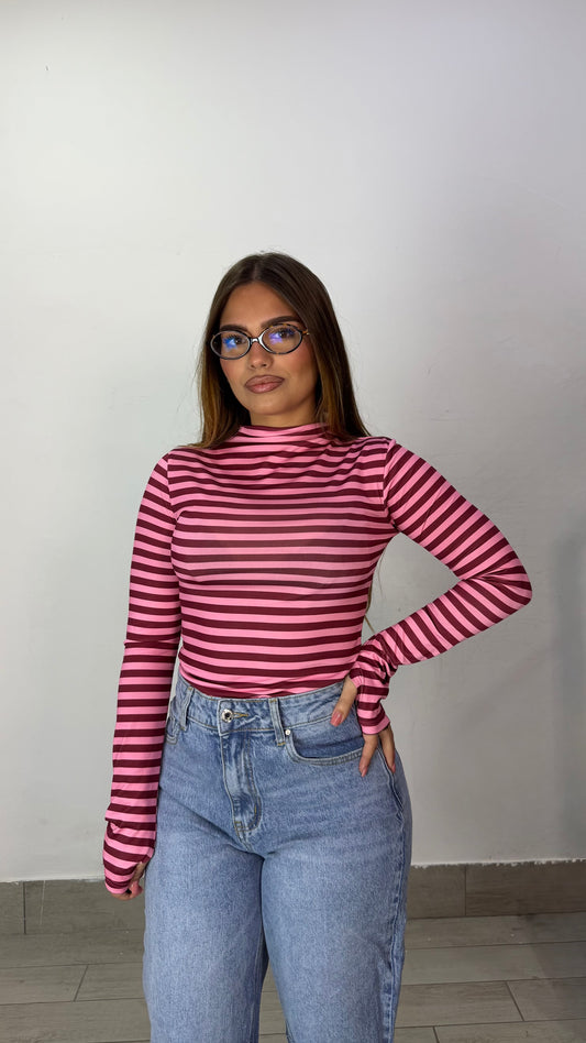 Body Maya a righe Rosa e Bordeaux con guanto BM4