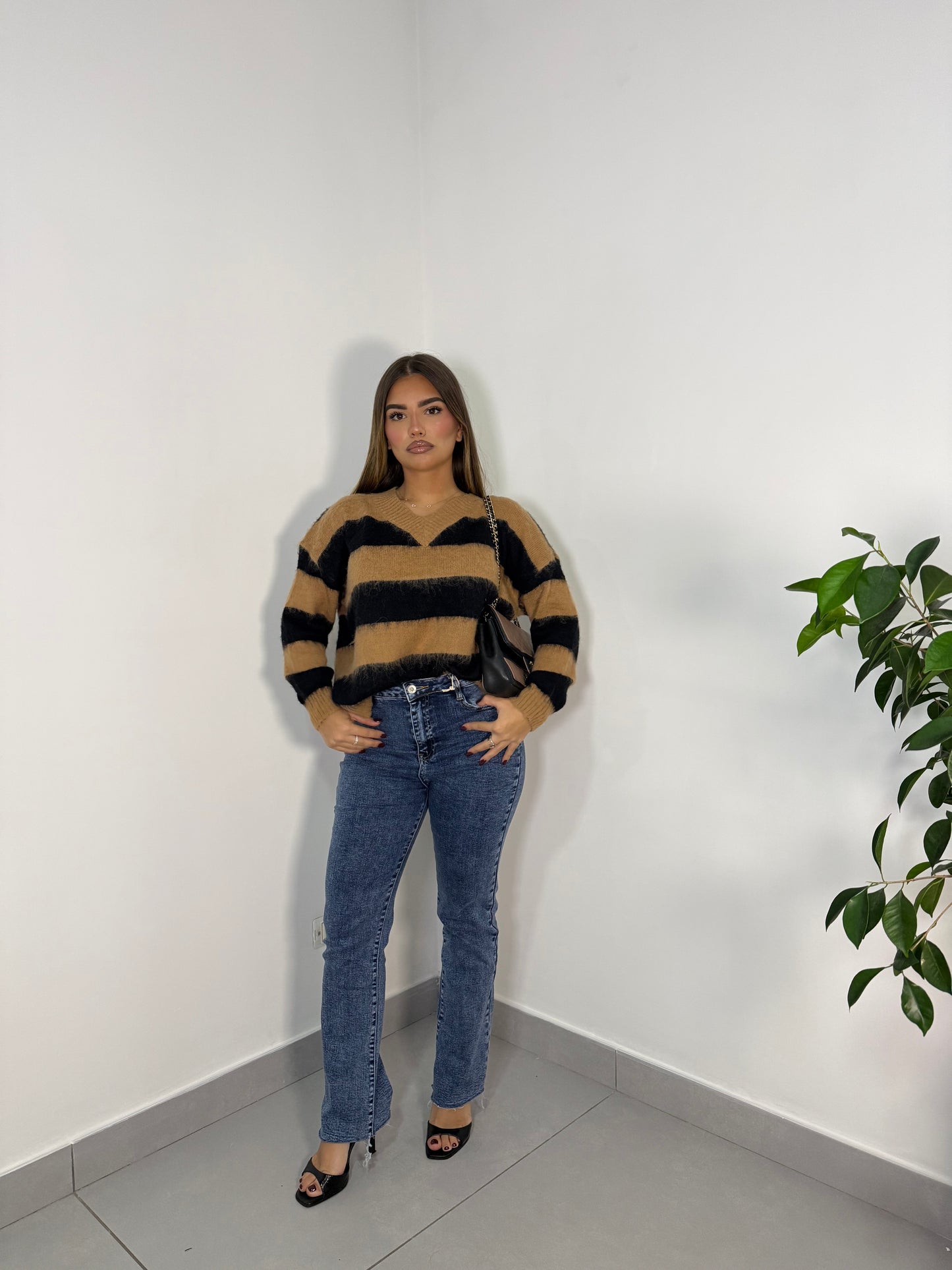 Pull ShineLine Beige e Nero in Lana 3056