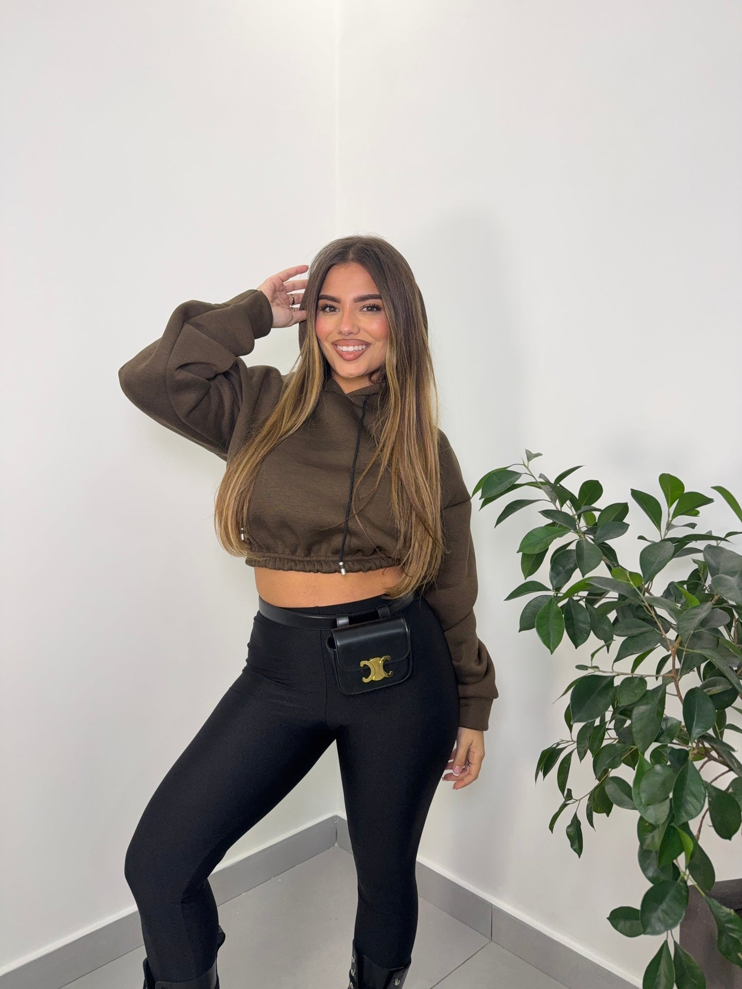 Felpa Mini Hood Felpata con Cappuccio Marrone FM44