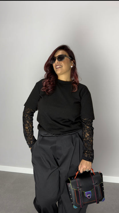 T-shirt Nuvia con Manica Merlettata Nero MM44