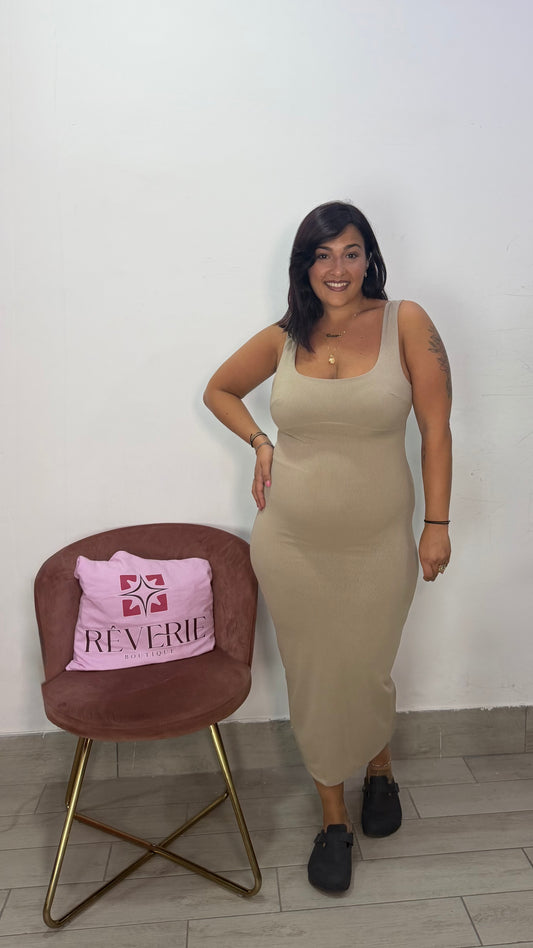 Dress Vitty Beige a Costine in Tessuto DV4