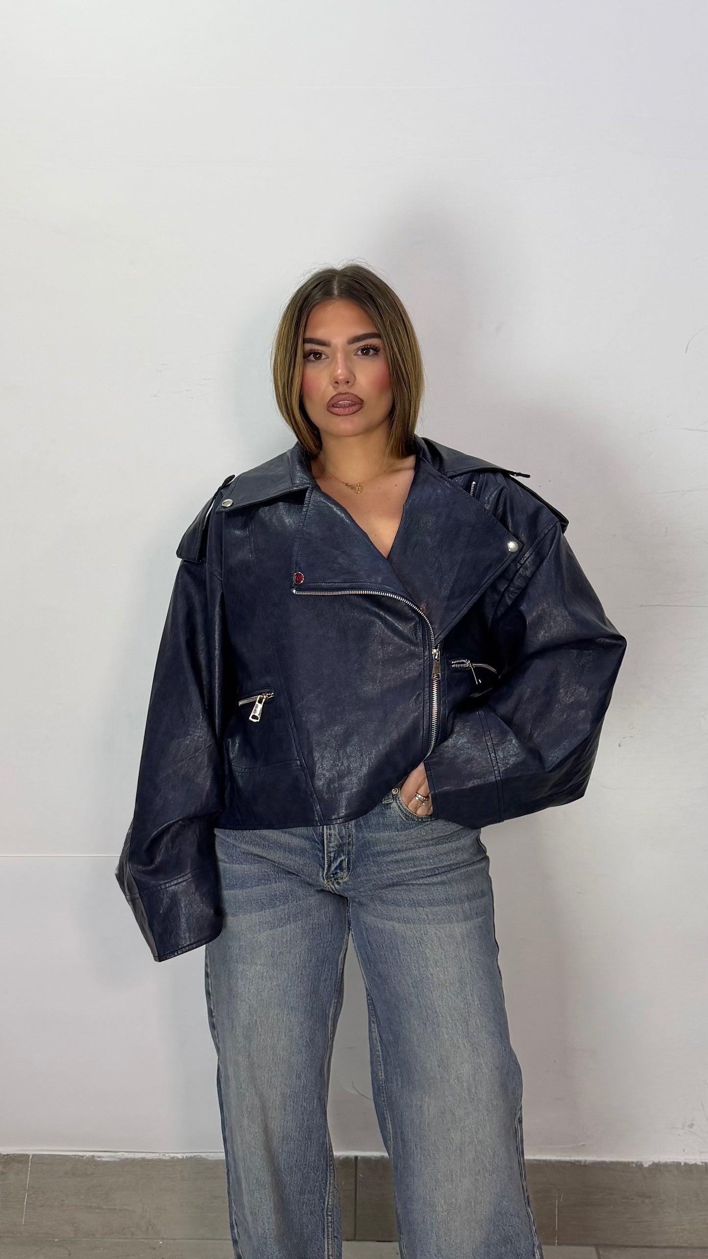 Giacca Chiodo Shock Blue in pelle con zip 6679