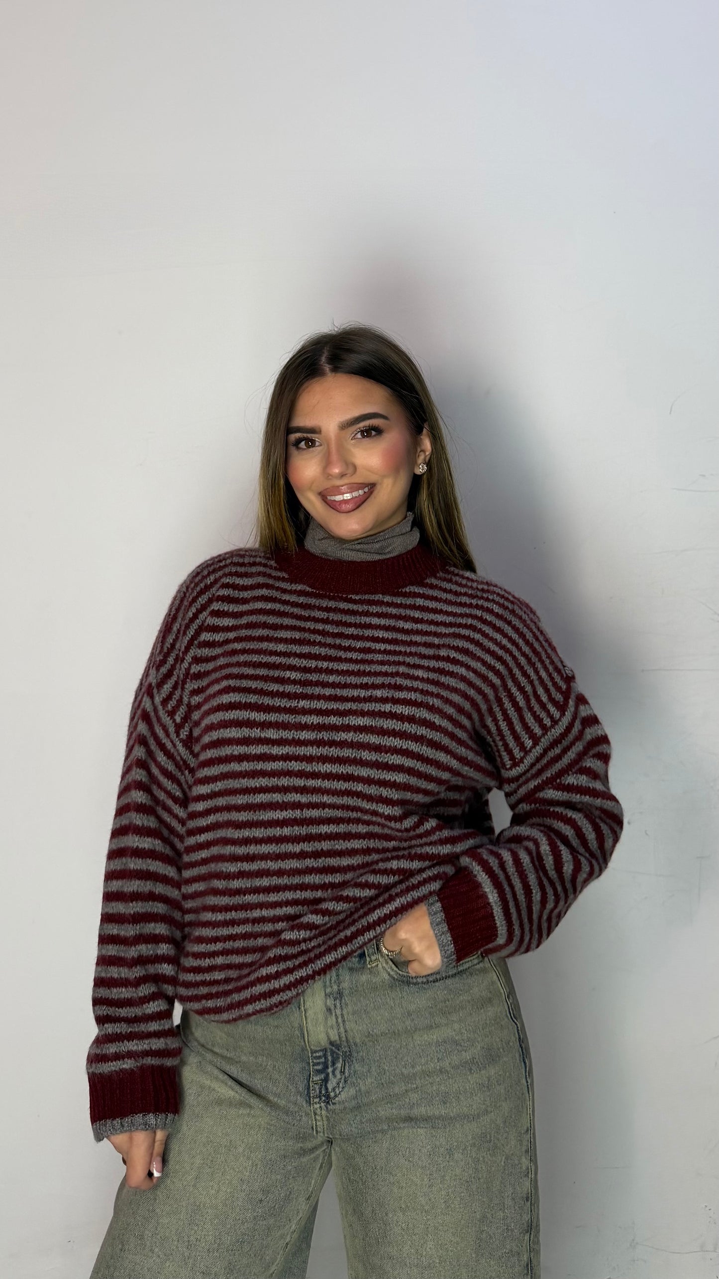 Pull Ariana a righe Grigio e Bordeaux A3279