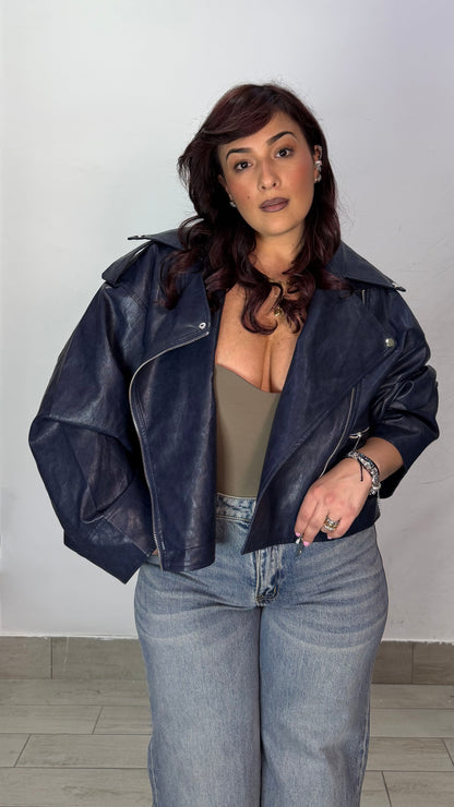 Giacca Chiodo Shock Blue in pelle con zip 6679