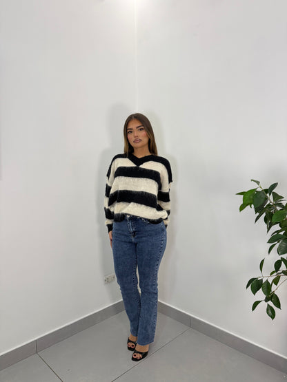 Pull ShineLine Bianco e Nero in Lana 3056