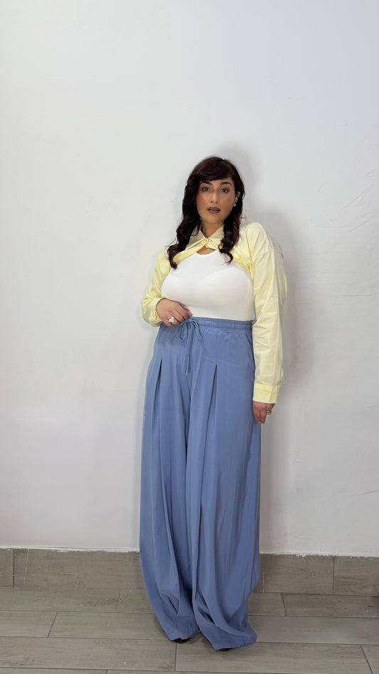 Pantalone Nerea Azzurro con elastico in vita e laccio MS19017