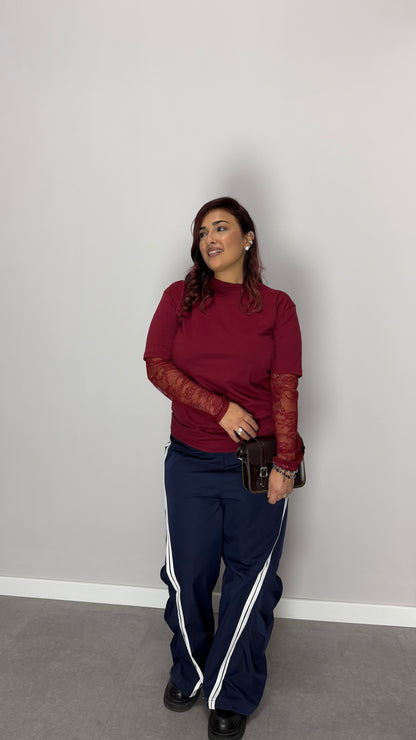 T-Shirt Nuvia con manica merlettata Bordeaux MM44