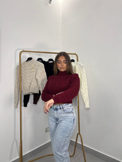 Pull Berry con Trecce in Lana Bordeaux 7374