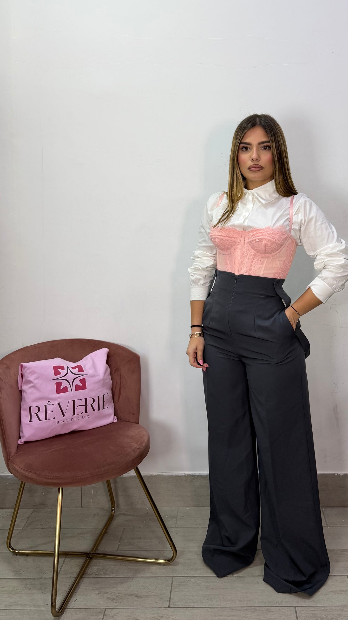 Pantalone Lili Grigio con Bretelle a vita alta 006007
