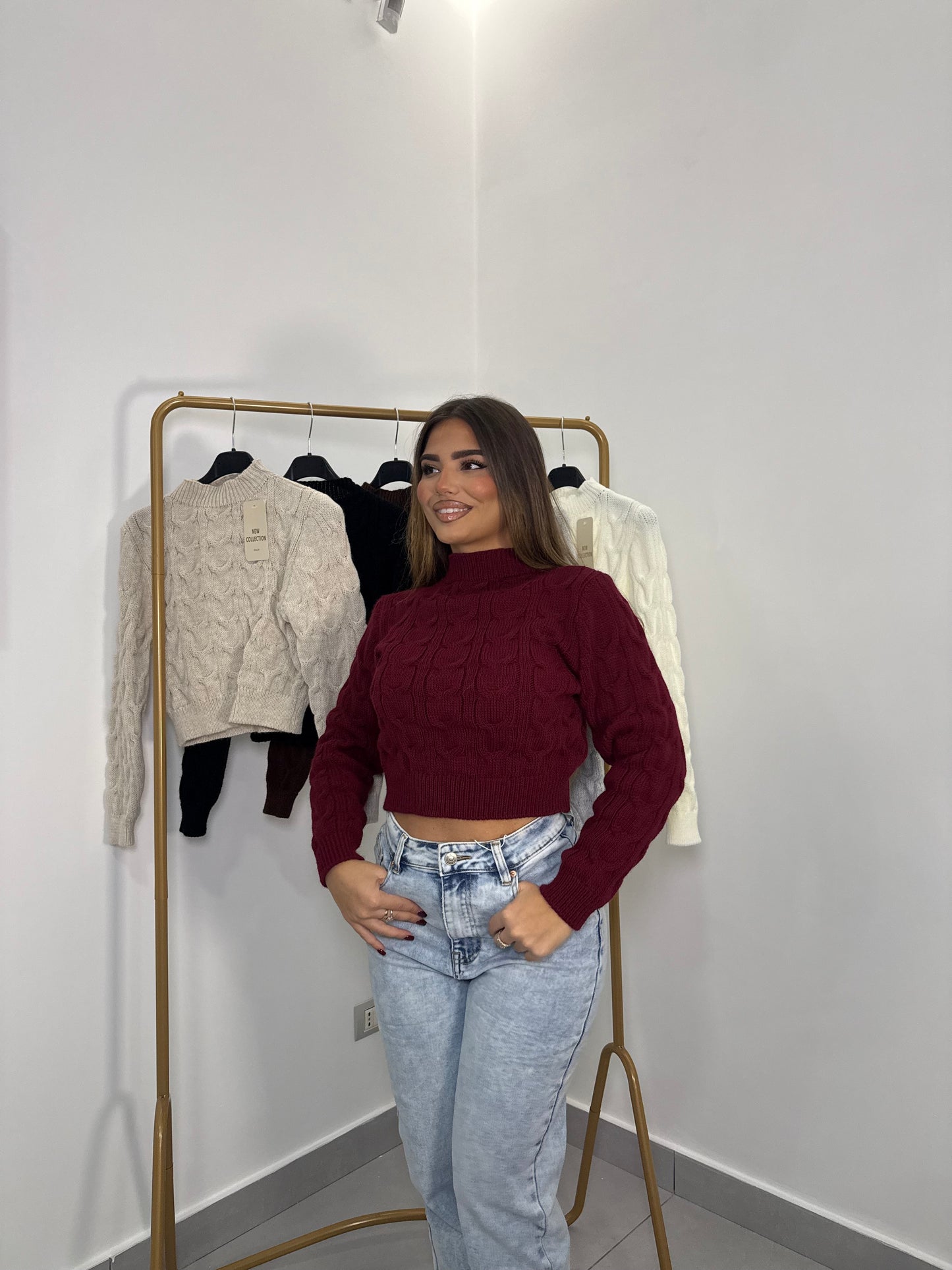 Pull Berry con Trecce in Lana Bordeaux 7374