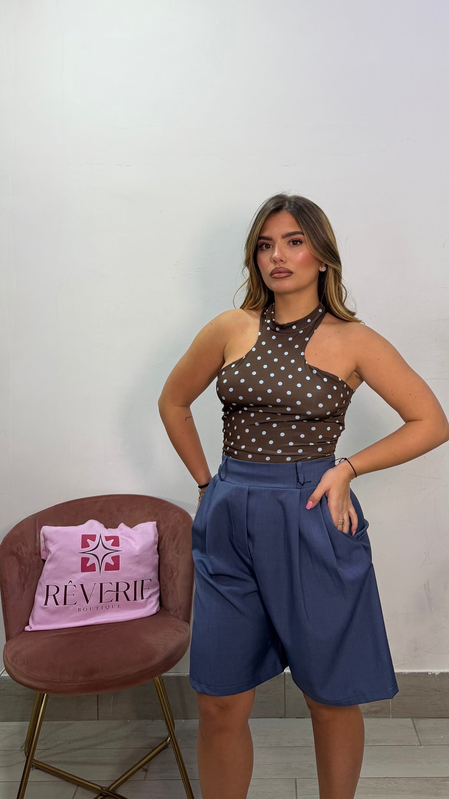 Body Bon Ton a pois Marrone e azzurro in Lycra 9933