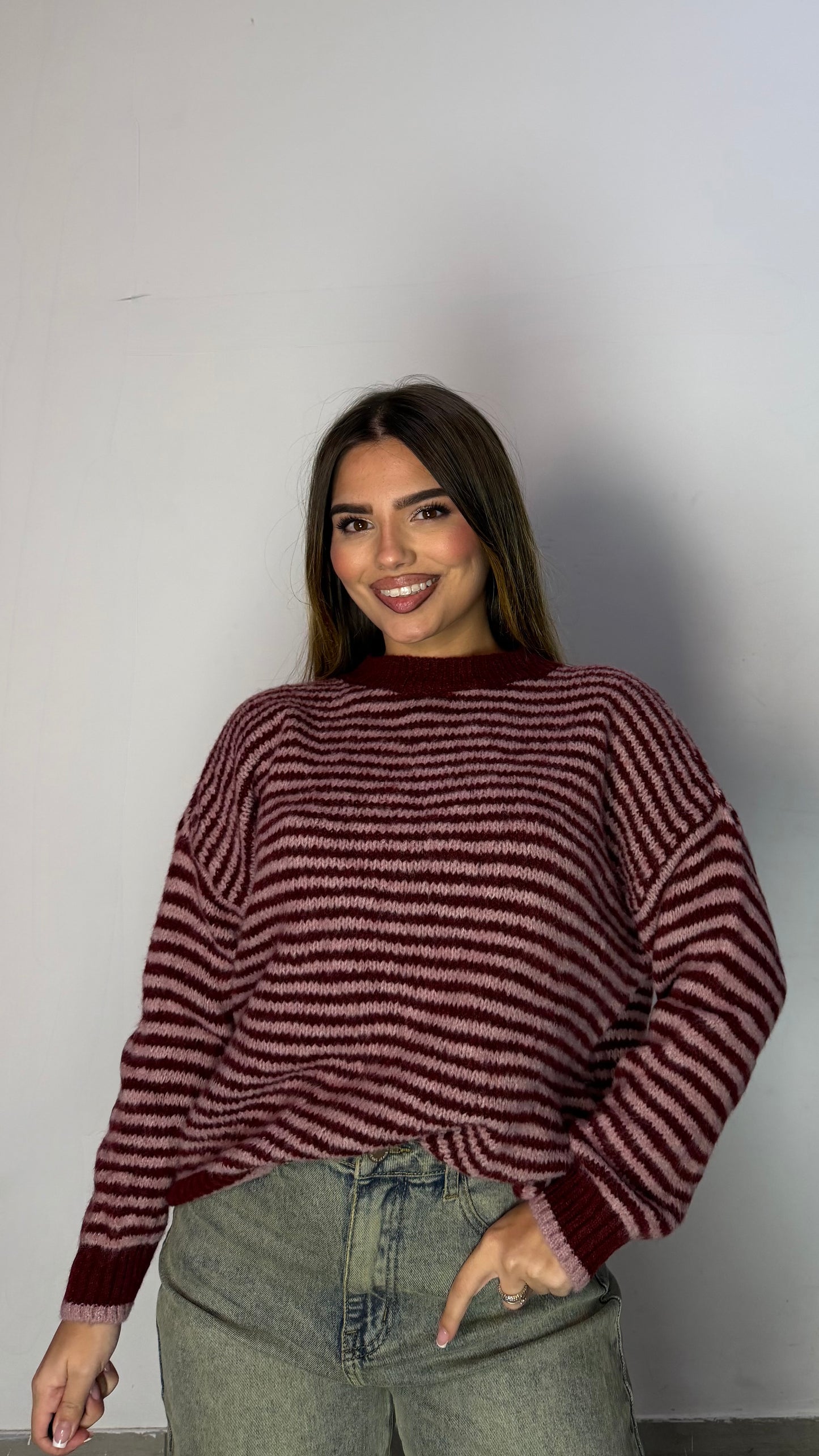 Pull Ariana a righe Rosa e Bordeaux A3279