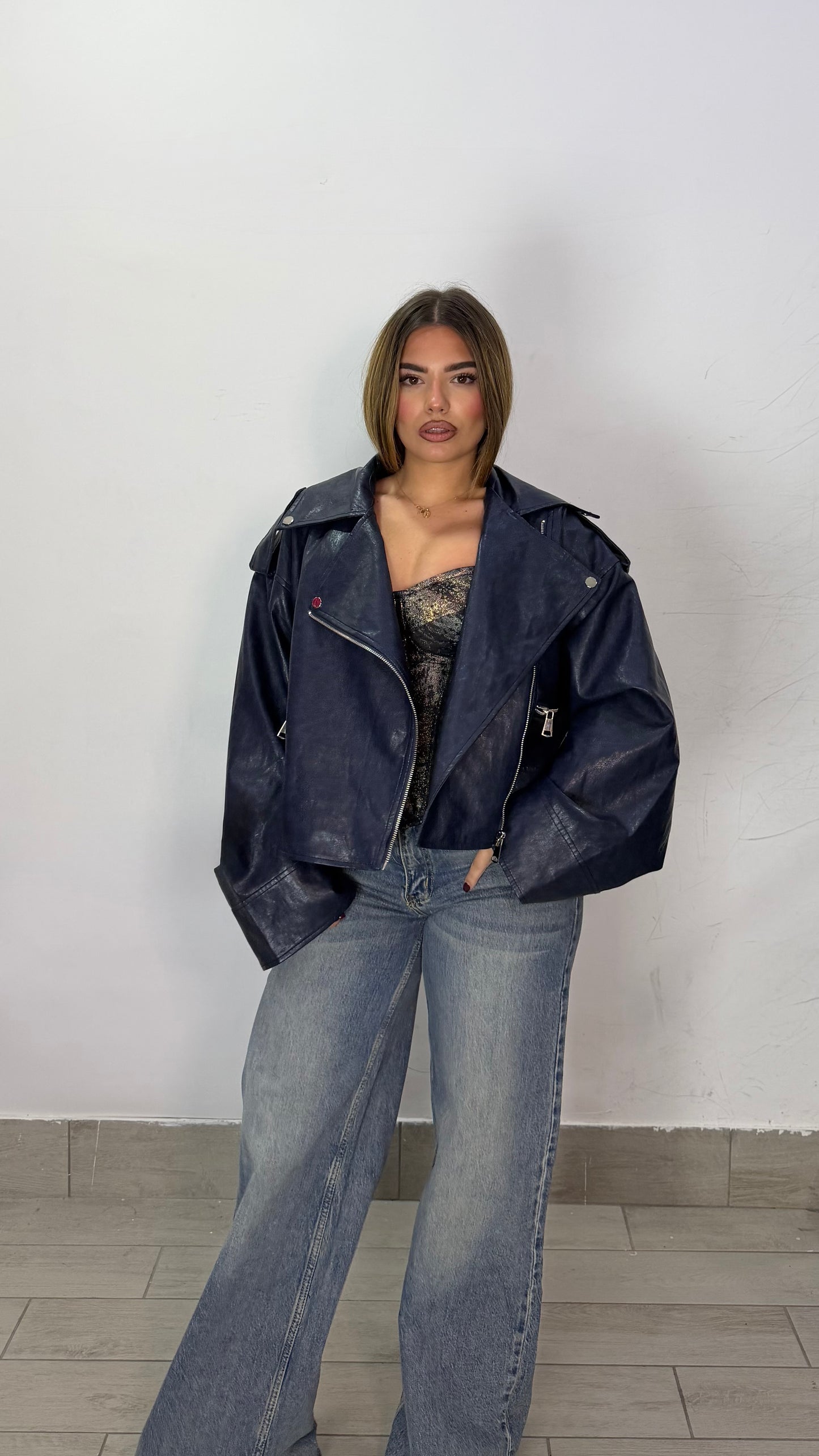 Giacca Chiodo Shock Blue in pelle con zip 6679
