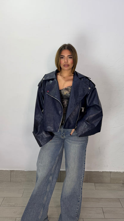Giacca Chiodo Shock Blue in pelle con zip 6679