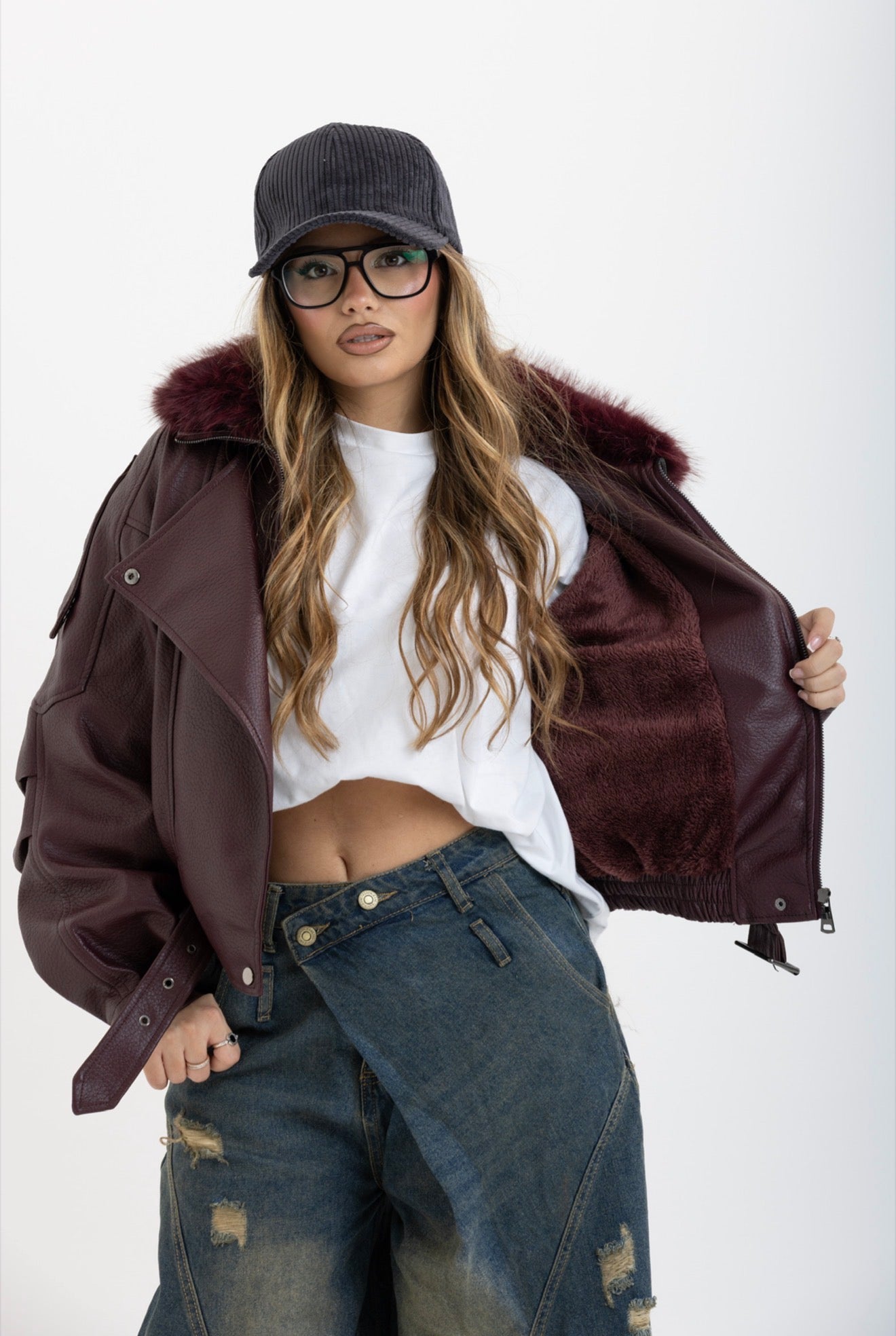 Giacca BikerBordeaux con pelliccia 2904