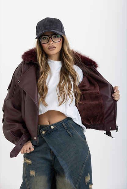 Giacca BikerBordeaux con pelliccia 2904
