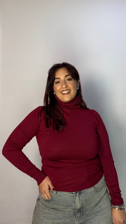 Pull Pring Collo Alto in Lana Rasata Bordeaux