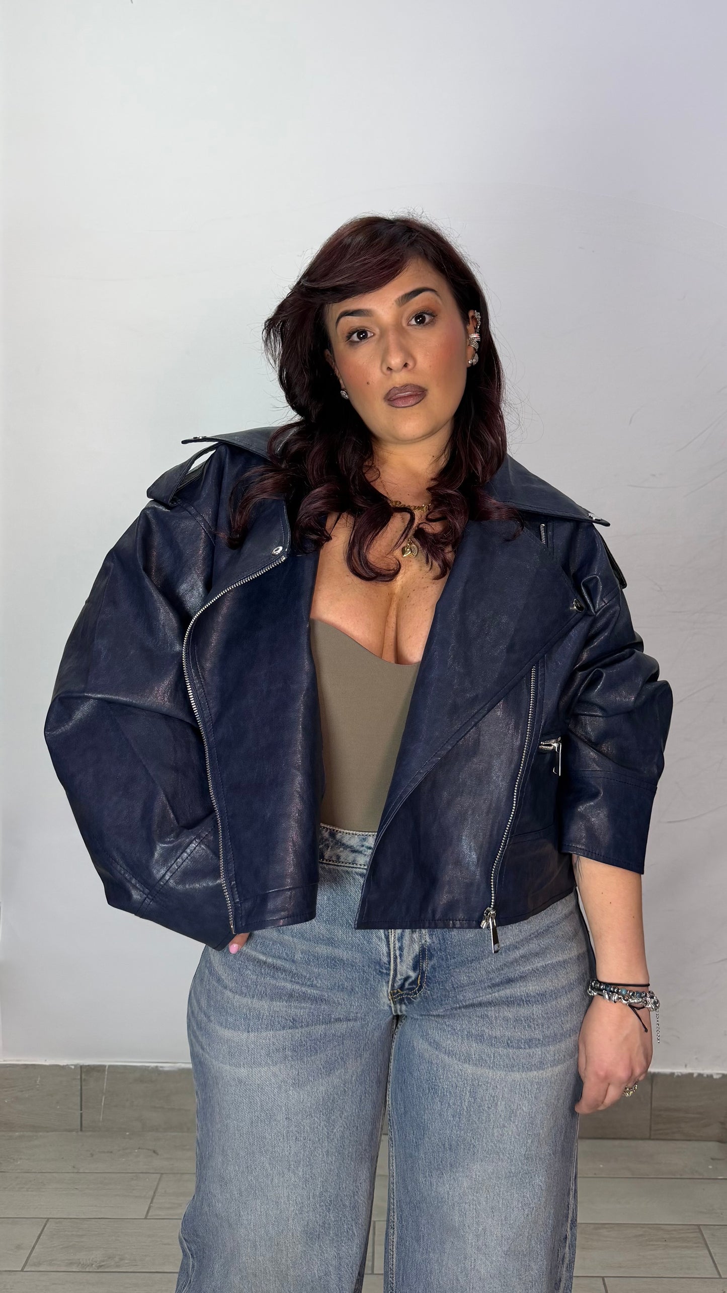 Giacca Chiodo Shock Blue in pelle con zip 6679