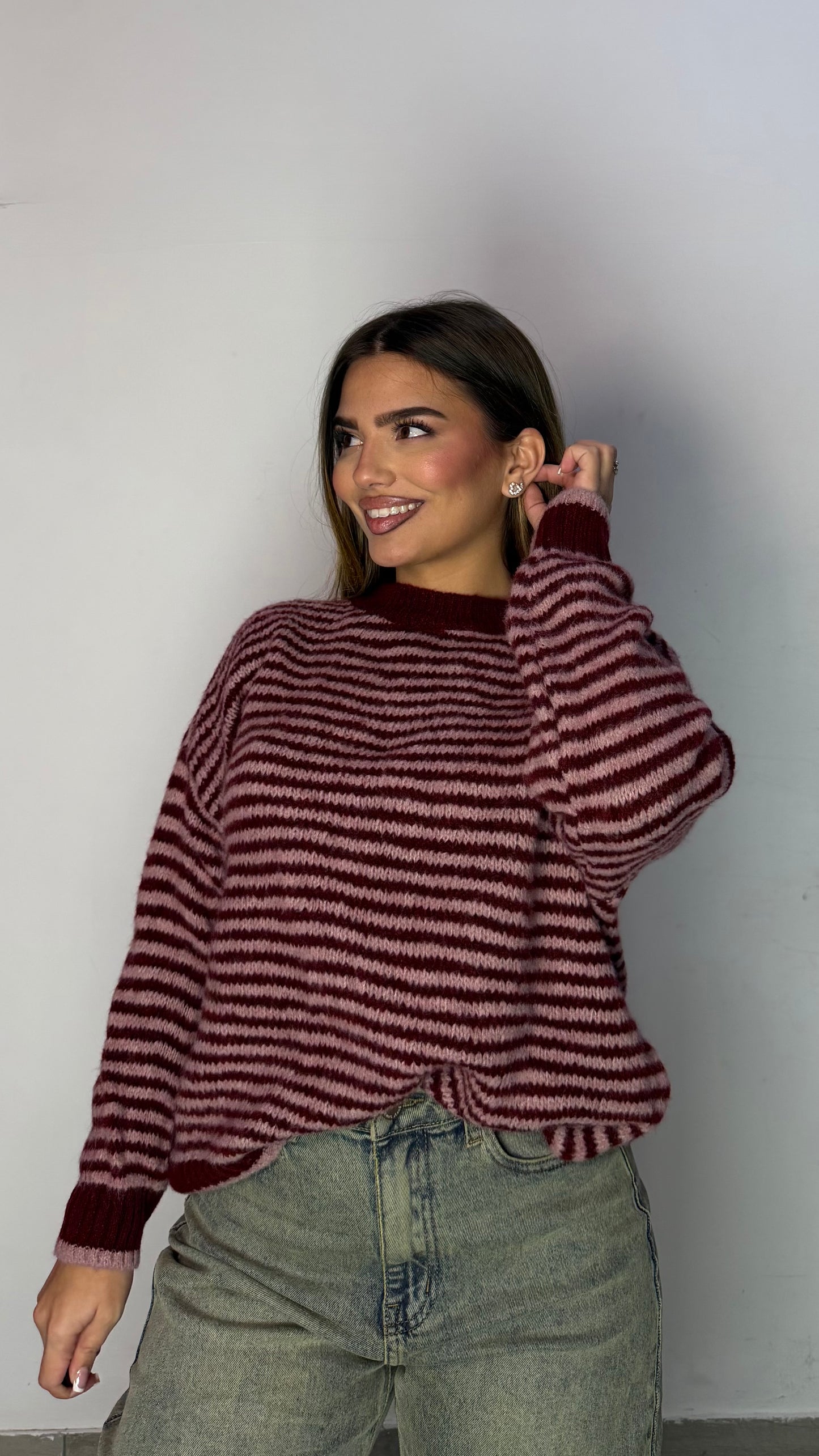 Pull Ariana a righe Rosa e Bordeaux A3279