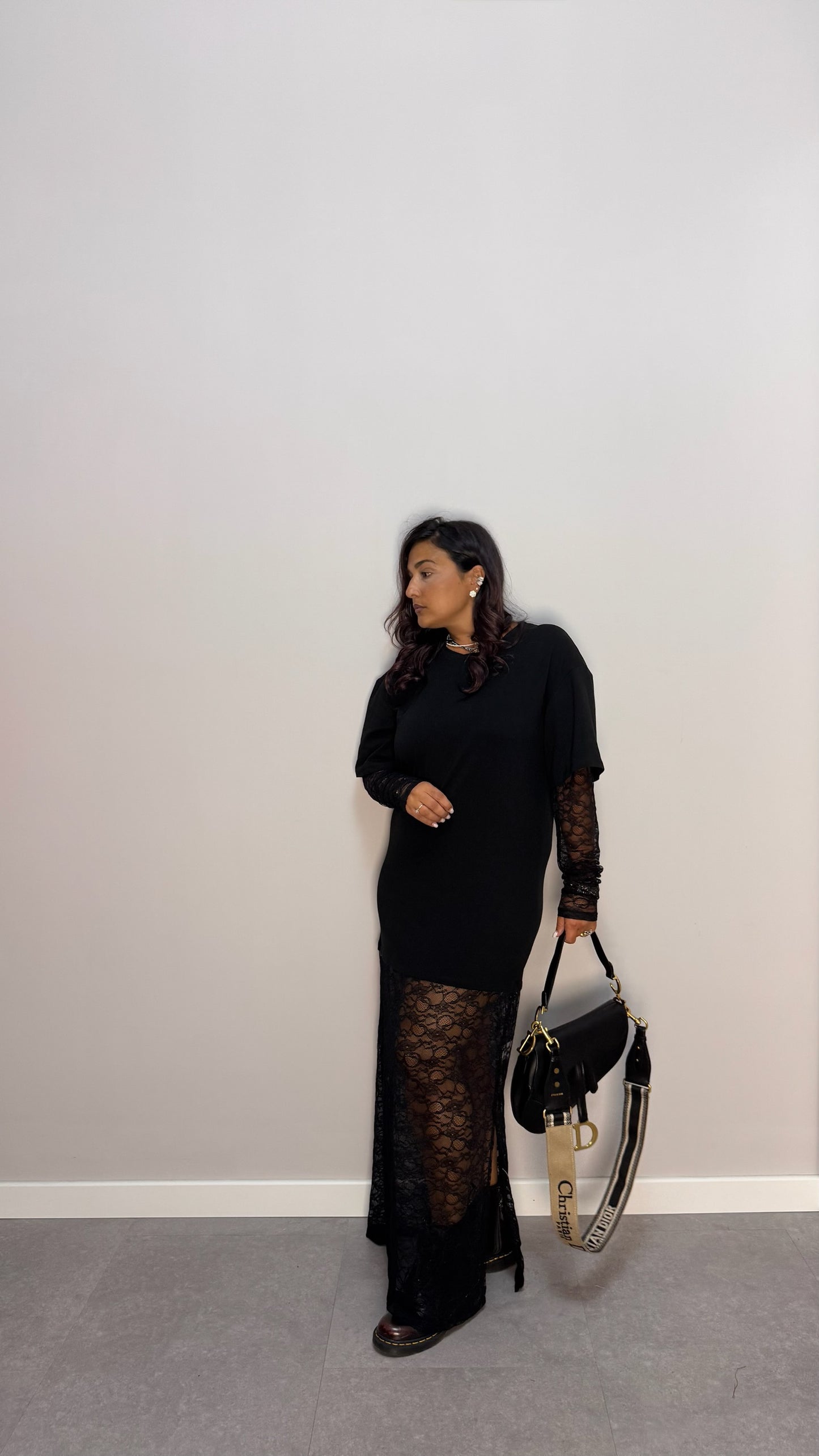 T-shirt taglio lungo in pizzo A10825-1