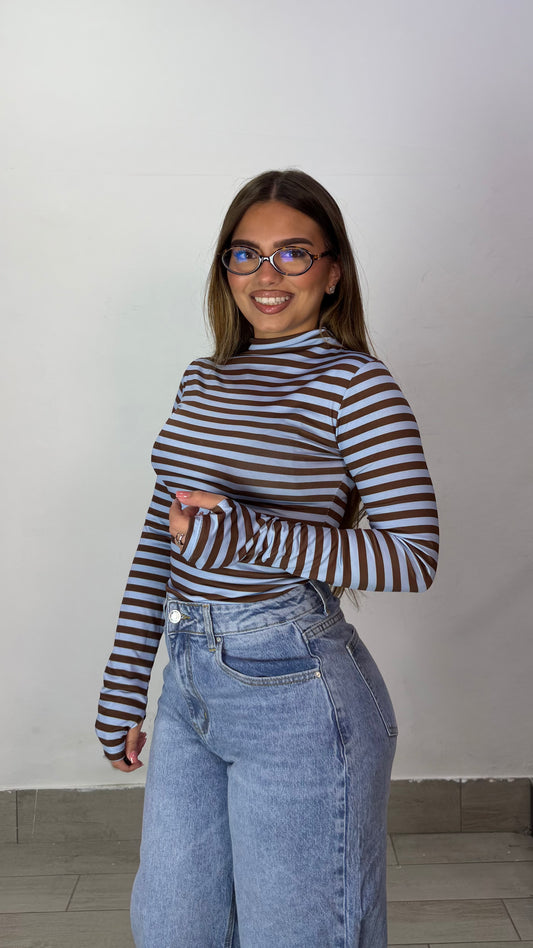 Body Maya a righe Azzurri e Marrone con Guanto BM4