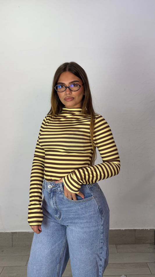 Body Maya a righe Giallo e Marrone con guanto BM4