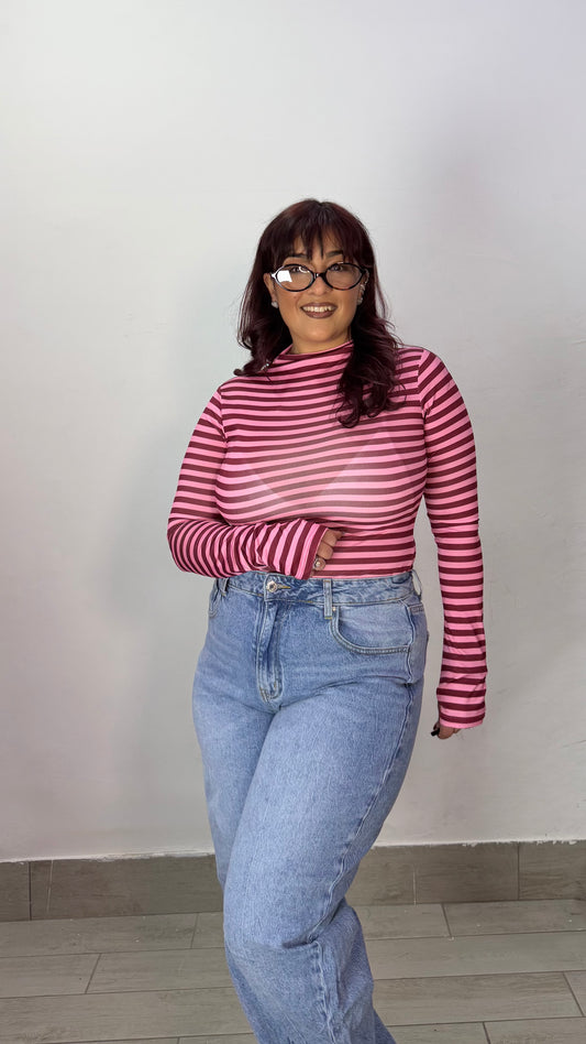 Body Maya a righe Rosa e Bordeaux con guanto BM4