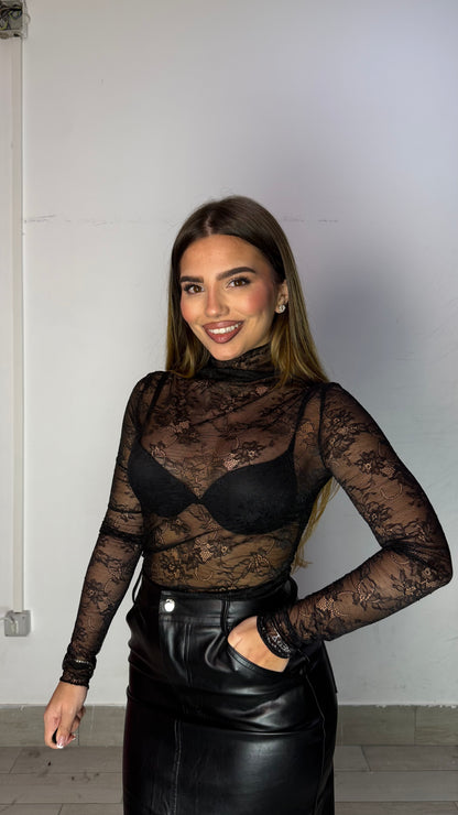 Maglia Aria Macramè Nero Collo alto 17112-5