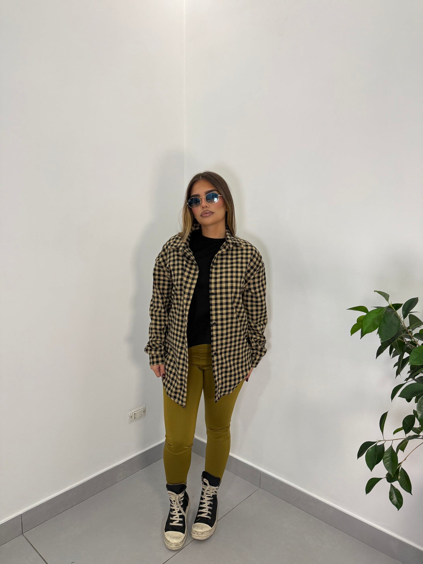 Camicia Nora Senape a Quadri in Cotone CN44