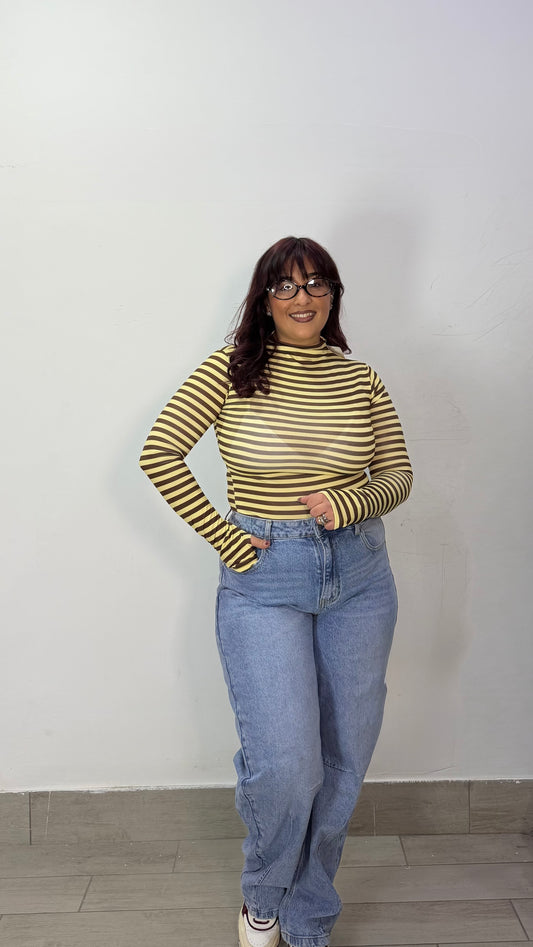 Body Maya a righe Giallo e Marrone con guanto BM4