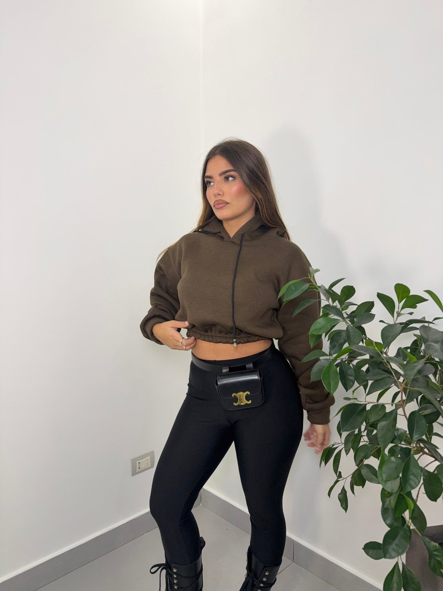 Felpa Mini Hood Felpata con Cappuccio Marrone FM44