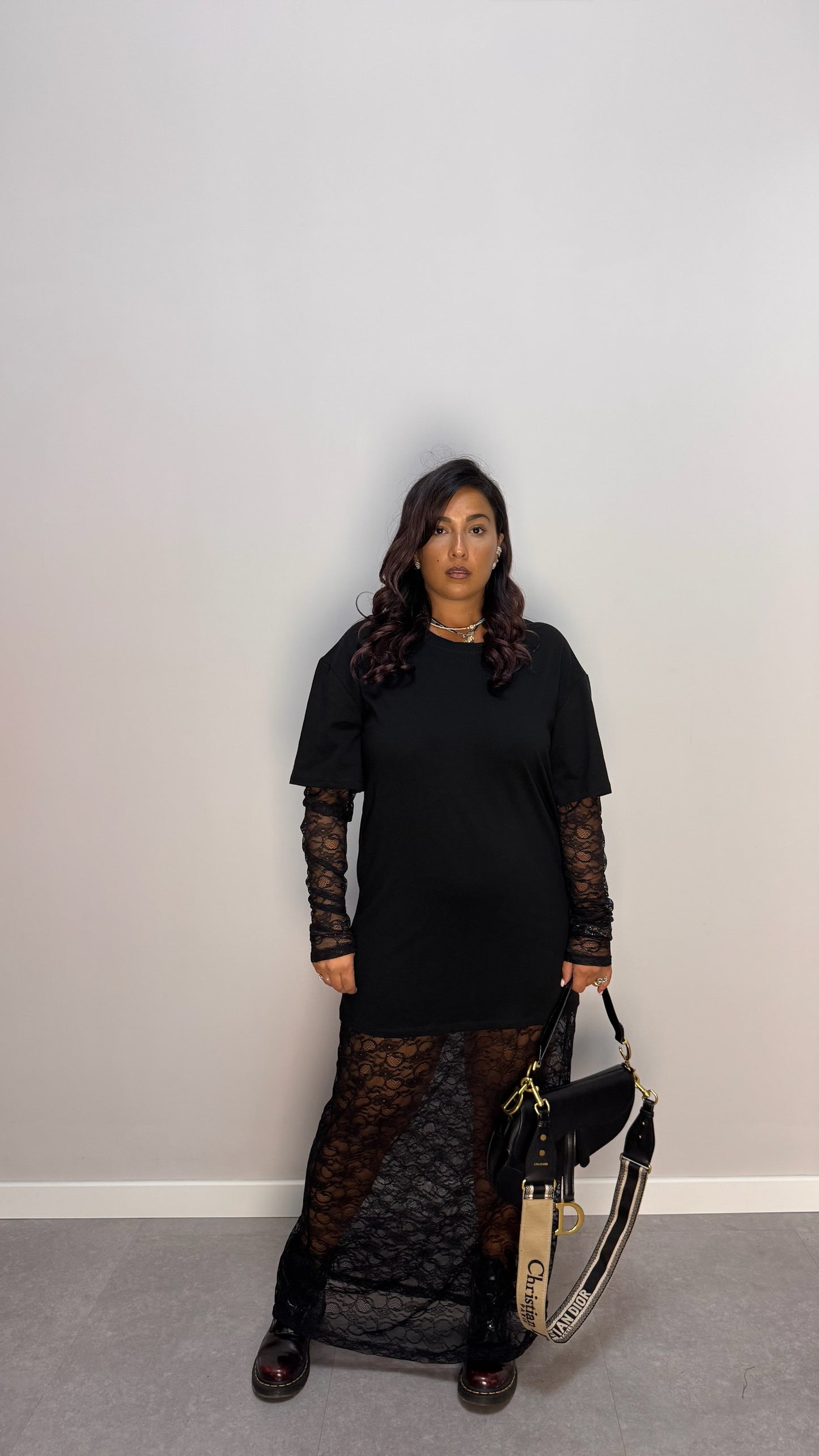 T-shirt taglio lungo in pizzo A10825-1