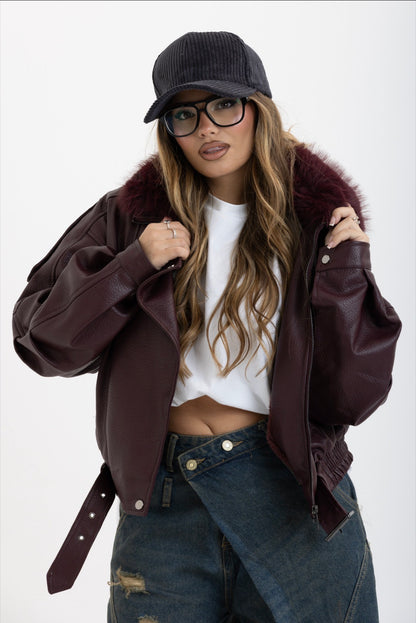 Giacca BikerBordeaux con pelliccia 2904