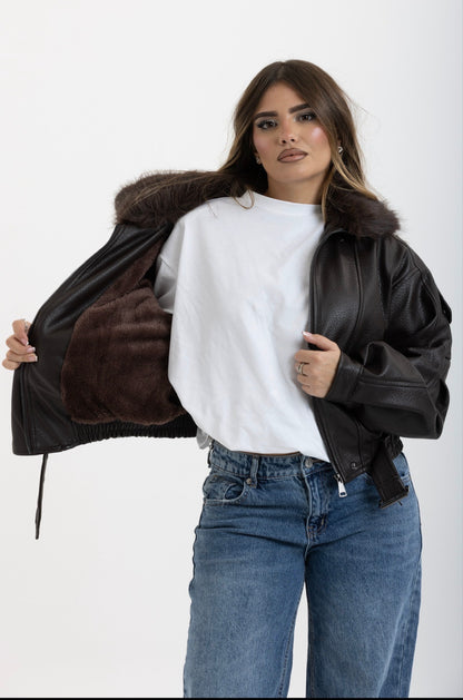 Giacca BikerBrown con pelliccia 2904