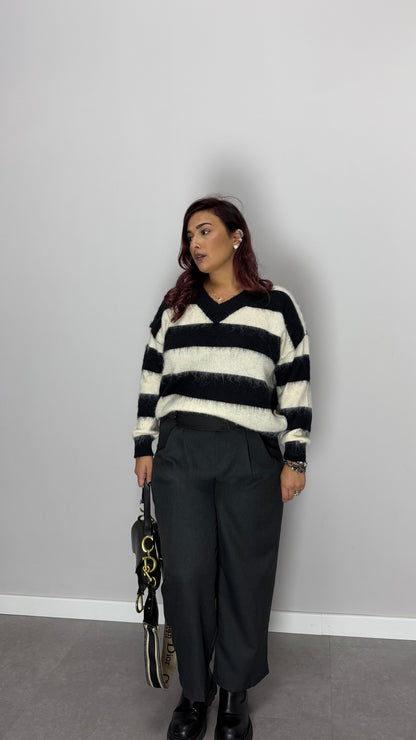 Pull ShineLine Bianco e Nero in Lana 3056