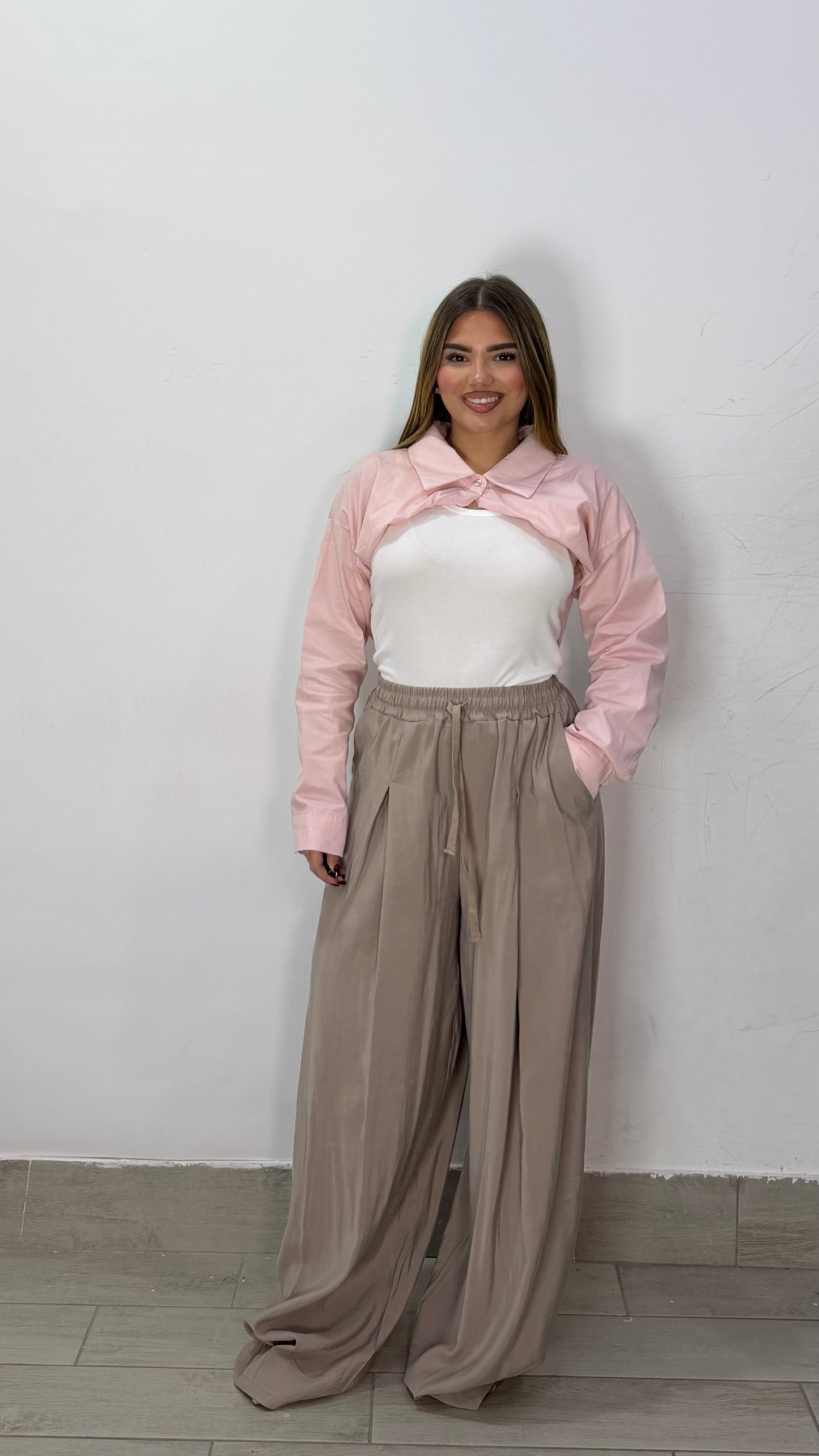 Pantalone Nerea Beige con elastico in vita e laccio MS19017