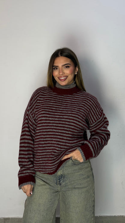 Pull Ariana a righe Grigio e Bordeaux A3279