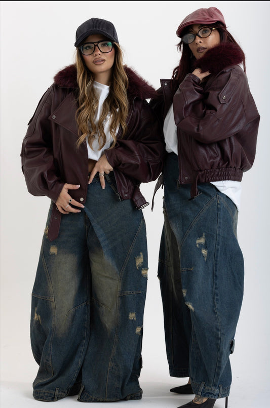 Giacca BikerBordeaux con pelliccia 2904