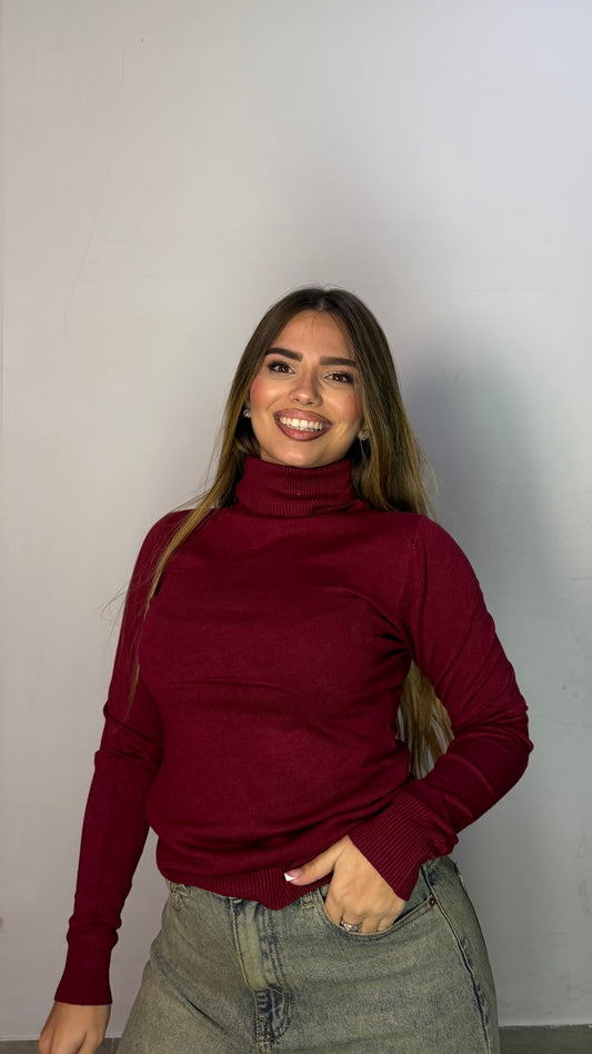 Pull Pring Collo Alto in Lana Rasata Bordeaux