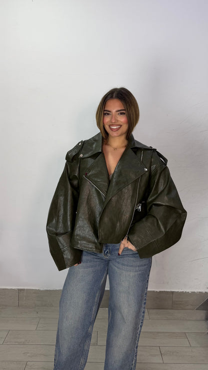 Giacca Chiodo Shock Verde in pelle con zip 6679