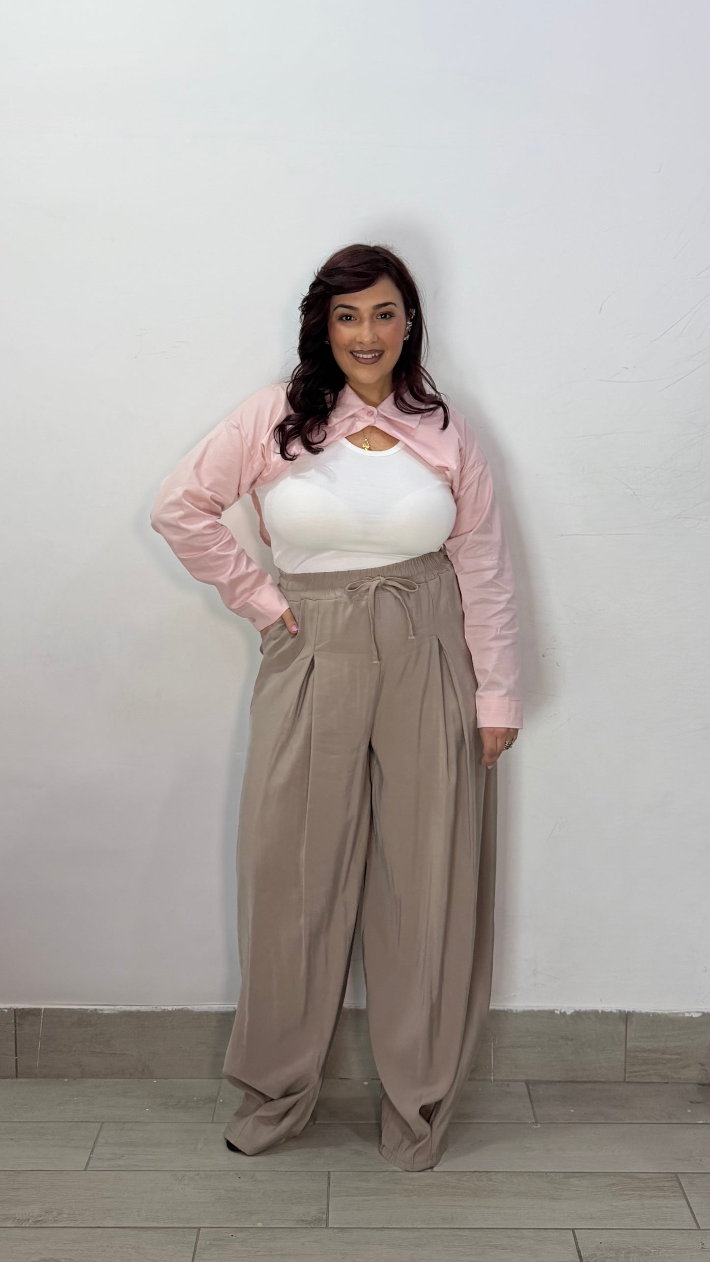 Pantalone Nerea Beige con elastico in vita e laccio MS19017