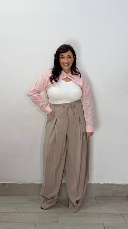 Pantalone Nerea Beige con elastico in vita e laccio MS19017