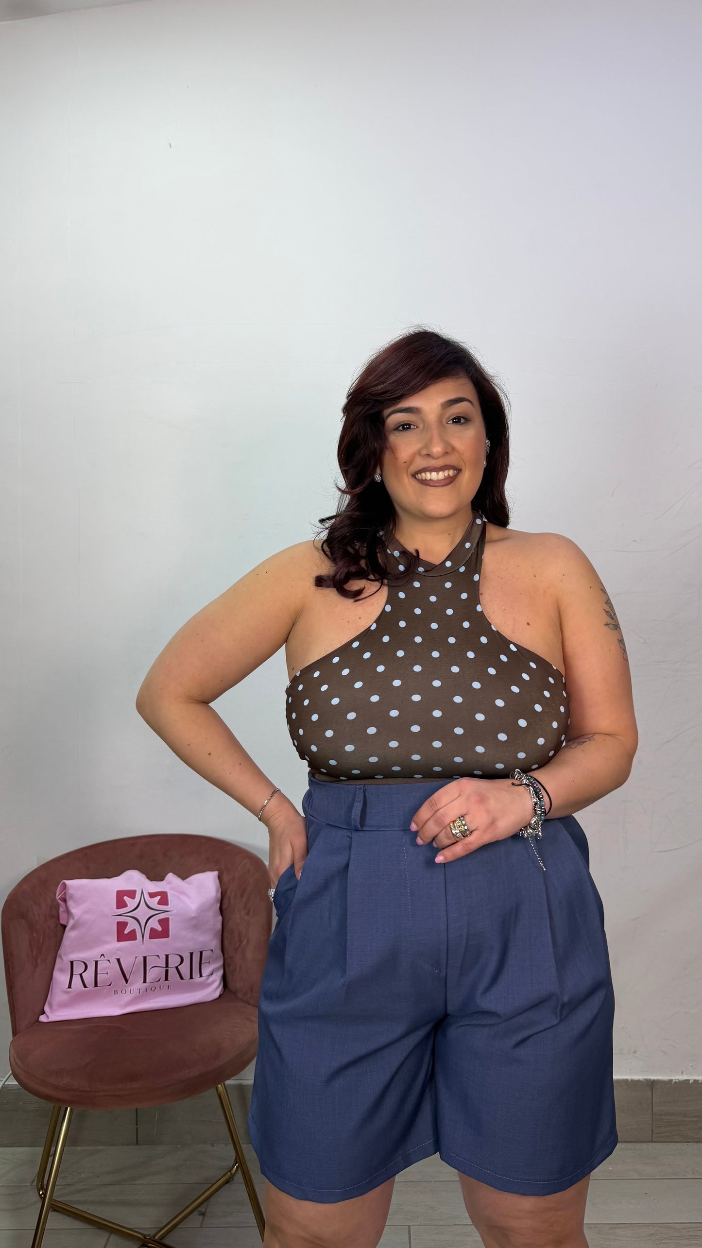 Body Bon Ton a pois Marrone e azzurro in Lycra 9933